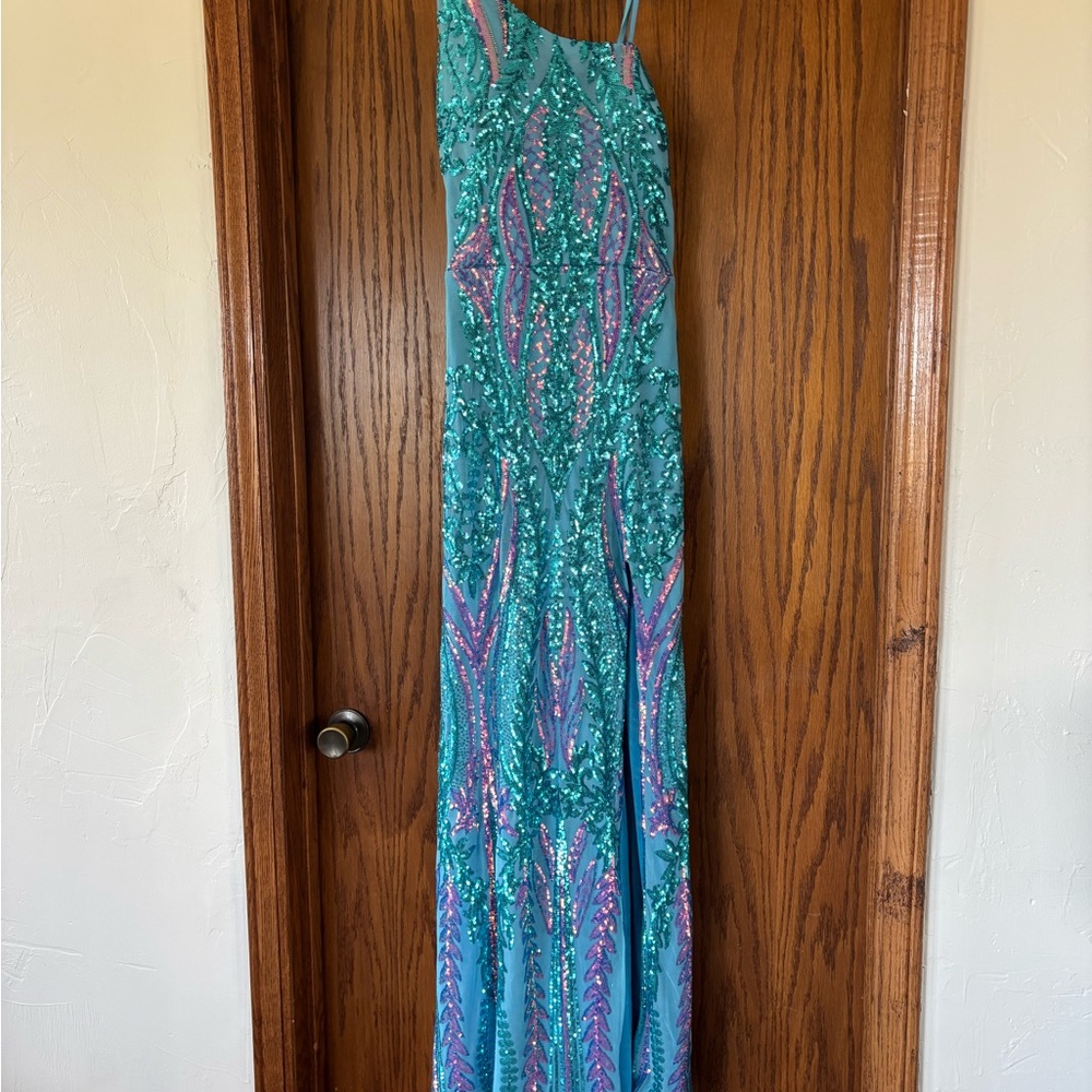 Blondie Nites Blue and Purple One-Shoulder Dress - Picture 4 of 7